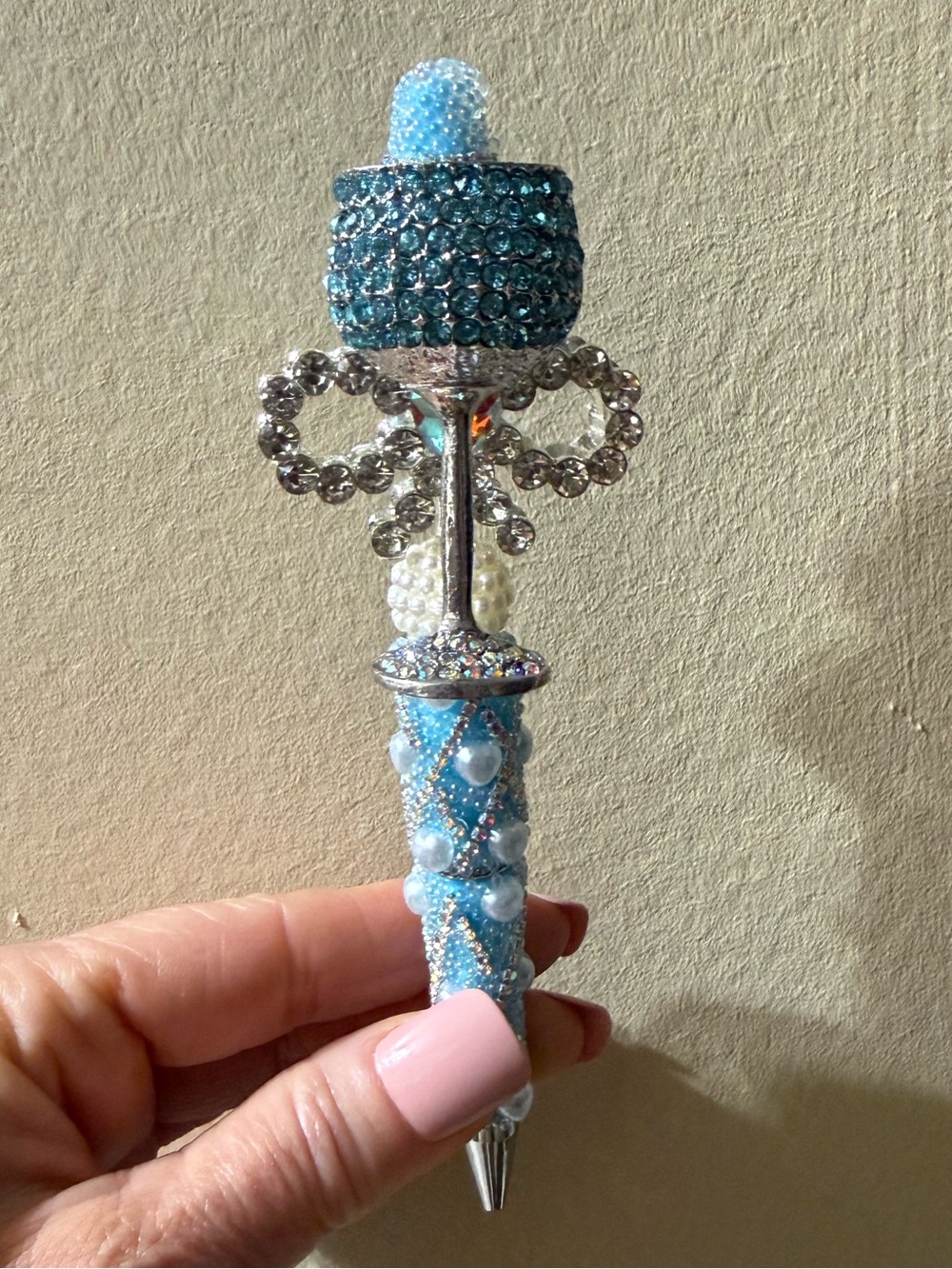 Decorative Blue Crystal and Pearl Ballpoint Pen - Home Office Accent